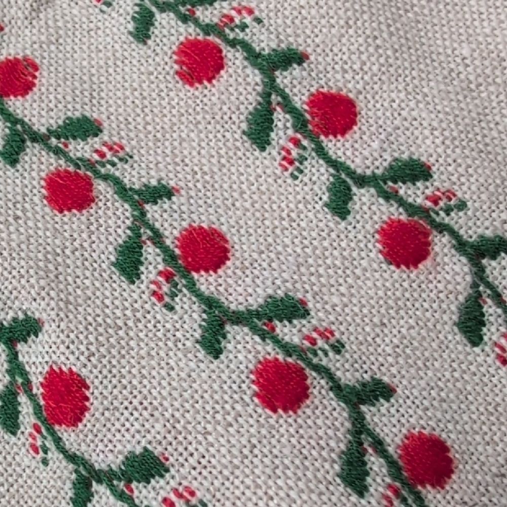 Farmhouse Scandinavian Table Runner Linen-Like Red Green Floral Vines Embroidery - Picture 2 of 9